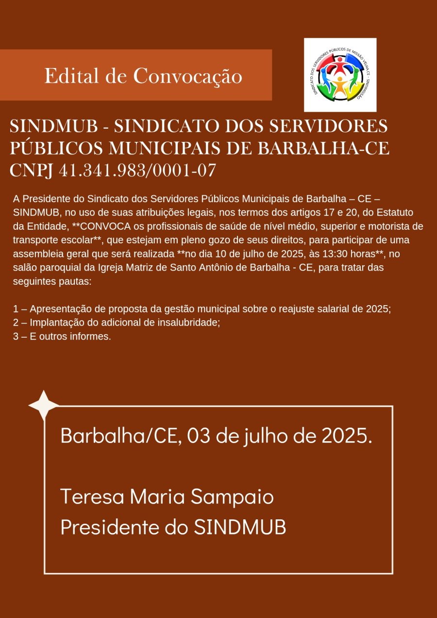 SINDMUB convoca profissionais da saúde e motoristas escolares para assembleia geral